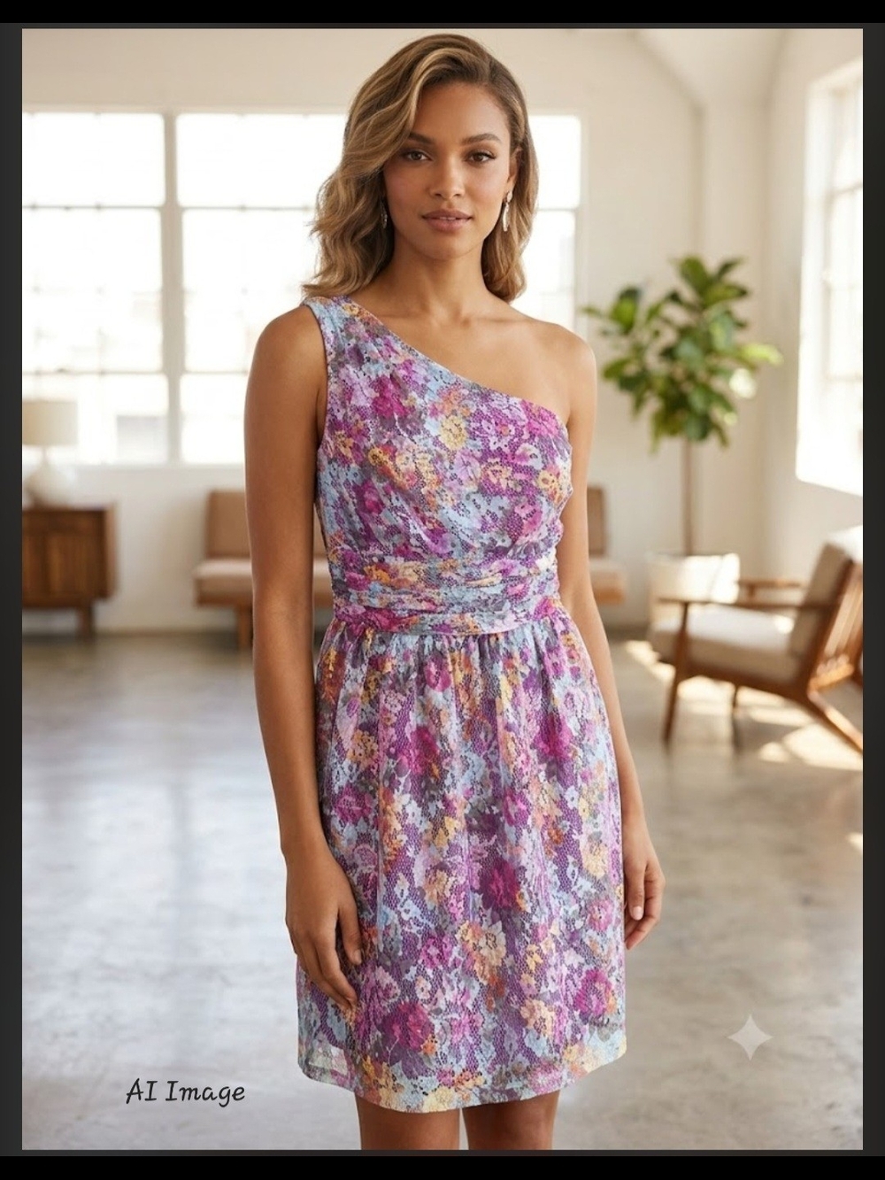 Gianni Bini One-Shoulder Floral Lace Dress in Lavender and Pink